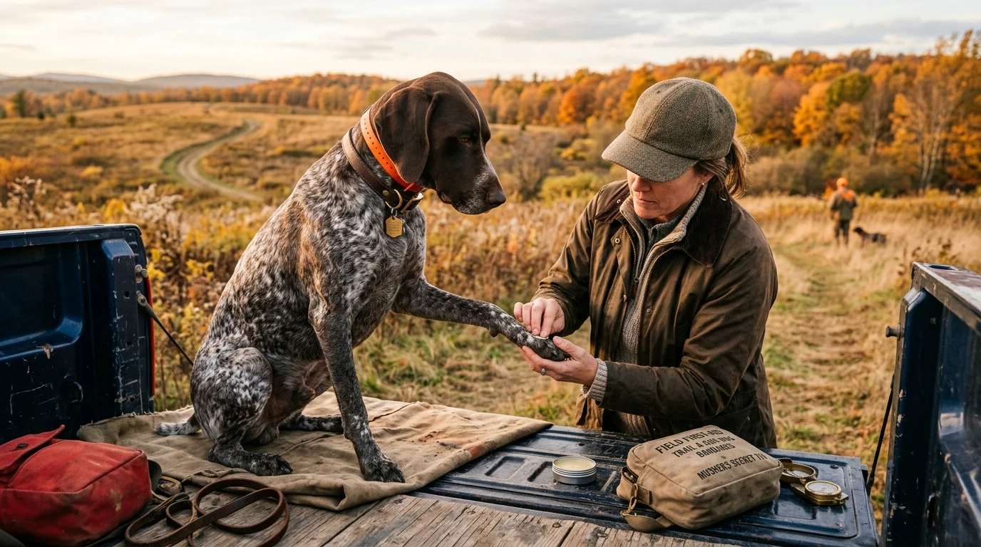 Working German Shorthaired Pointer resting on tailgate having paws conditioned with wax