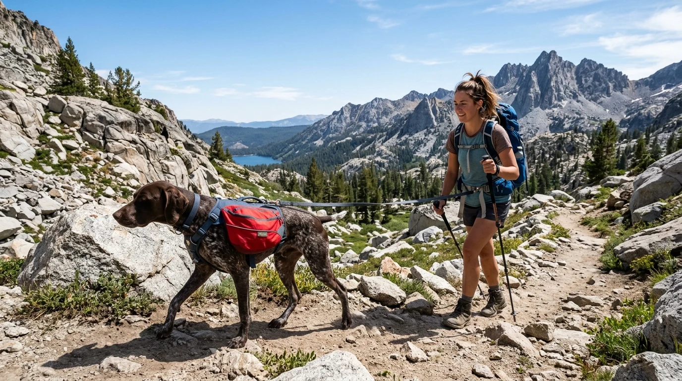 Athletic German Shorthaired Pointer wearing pack hiking alpine mountain trail
